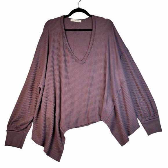 We The Free by Free People Womens Oversized Boho Thermal Knit V-Neck Top L Mauve - Picture 3 of 9